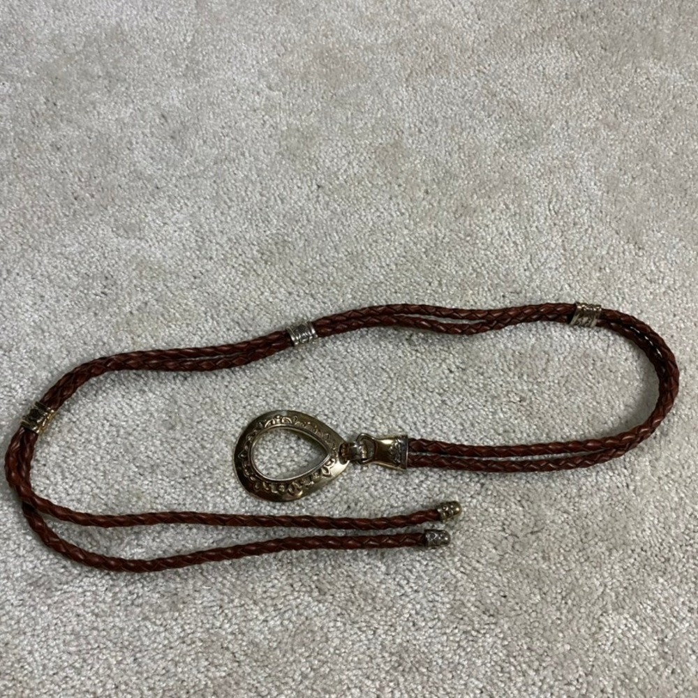 VTG Braided Leather Cord Belt Womens Brown Western Boho Teardrop Buckle 44" Long